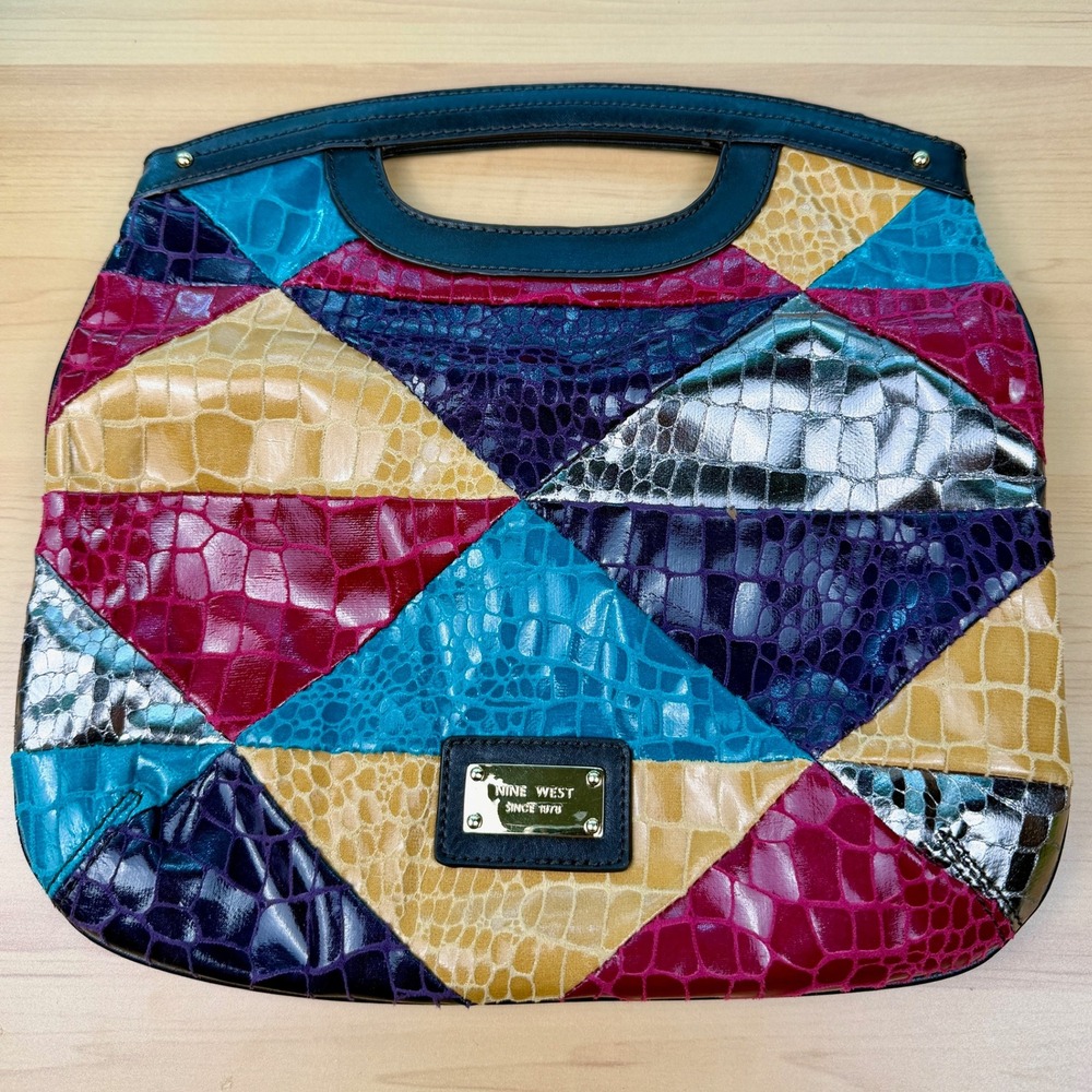 Nine West Patchwork Faux Croc Handbag Multi Color Metallic Foldover Clutch Tote